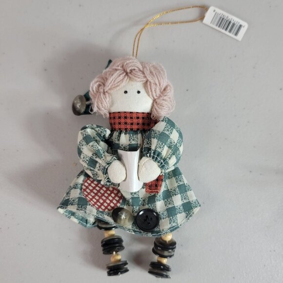 Vintage Christmas Rag Doll Country Angel Ornaments Set of 2 Yarn Hair Button Leg - Picture 5 of 7